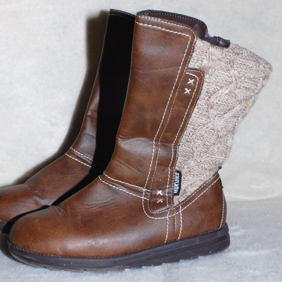 Muk Luks Shoes - Muk Luks Womens Size 7 Brown Faux Leather Calf Boots Sweater Back EUC Knit Warm